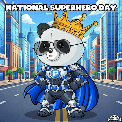 A Panda Bear In A Superhero Costume With The Words National Superhero Day GIF