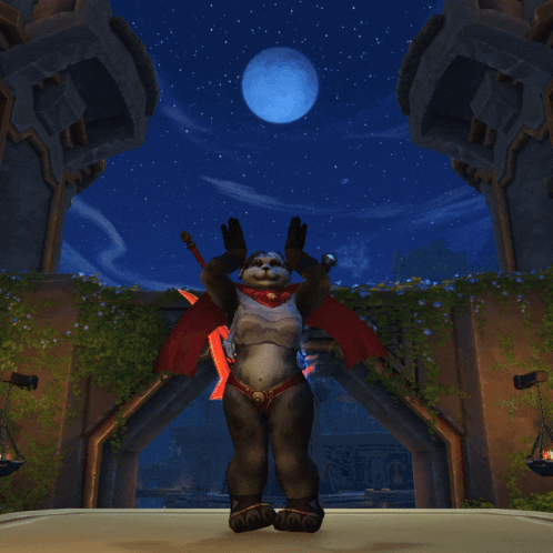 A Panda Bear In A Video Game Is Standing In Front Of A Full Moon GIF