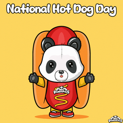 A Panda Bear Is Dressed Up As A Hot Dog And Says National Hot Dog Day GIF