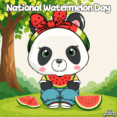 A Panda Bear Is Eating A Slice Of Watermelon In Celebration Of National Watermelon Day GIF