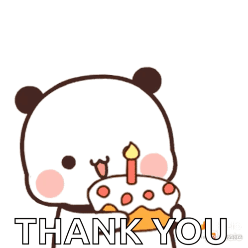 A Panda Bear Is Holding A Cake With A Candle In Its Mouth And The Words Thank You Written Below It GIF