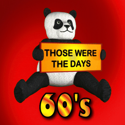 A Panda Bear Is Holding A Sign That Says Those Were The Days 60 'S GIF