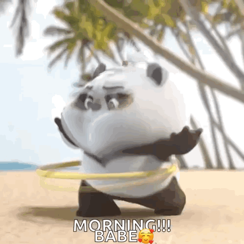A Panda Bear Is Playing With A Hula Hoop On The Beach And Says Morning Babe . GIF
