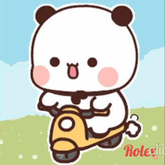 A Panda Bear Is Riding A Yellow Scooter On A Grassy Field . GIF