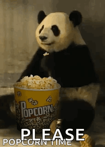 A Panda Bear Is Sitting Next To A Bucket Of Popcorn GIF