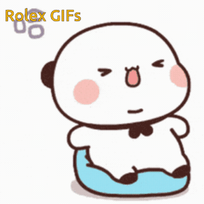 A Panda Bear Is Sitting On A Blue Pillow With The Words Rolex Gifs Behind It GIF