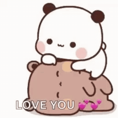 A Panda Bear Is Sitting On Top Of A Brown Bear And Says `` Love You '' . GIF