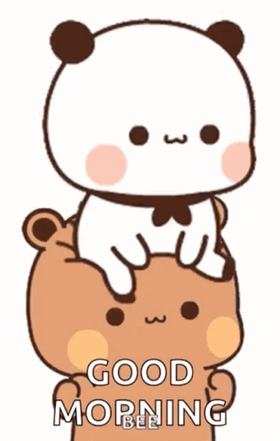 A Panda Bear Is Sitting On Top Of A Brown Bear With The Words `` Good Morning '' Written On It . GIF
