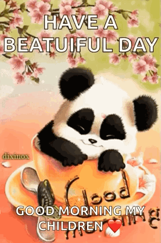 A Panda Bear Is Sitting On Top Of A Cup Of Coffee With Flowers . GIF