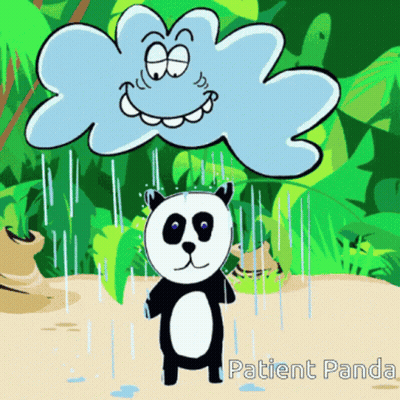 A Panda Bear Is Standing In The Rain With A Smiling Cloud Above Him GIF