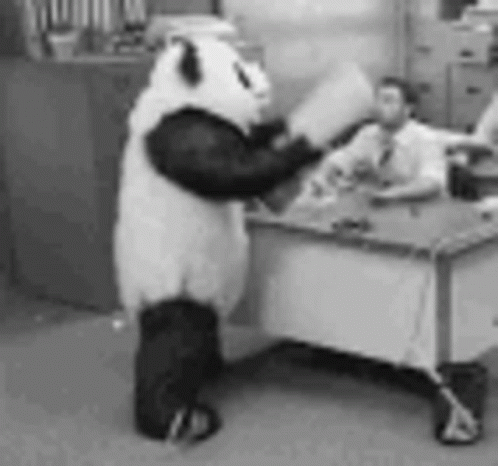 A Panda Bear Is Standing Next To A Desk In An Office . GIF