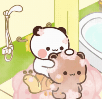 A Panda Bear Is Washing Another Bear In A Bathtub GIF
