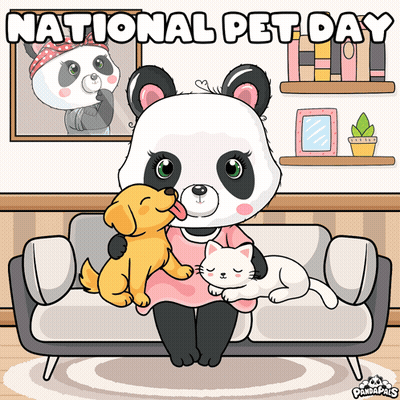 A Panda Bear Sitting On A Couch Holding A Dog And A Cat With The Words National Pet Day Above Her GIF