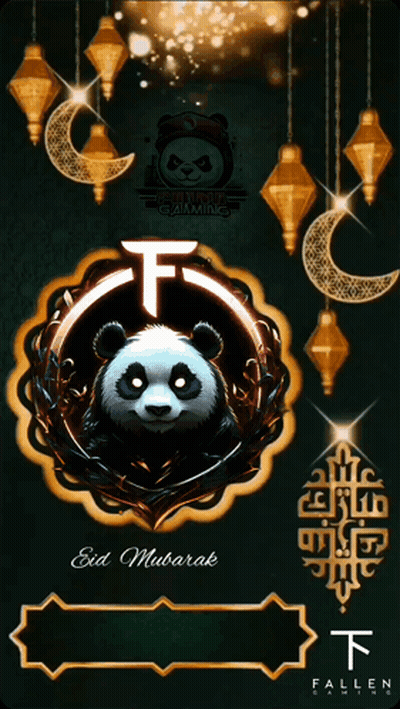 A Panda Bear Surrounded By Lanterns And The Words Eid Mubarak On The Bottom GIF