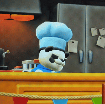 A Panda Bear Wearing A Chef 'S Hat And Sunglasses Is Standing On A Counter GIF