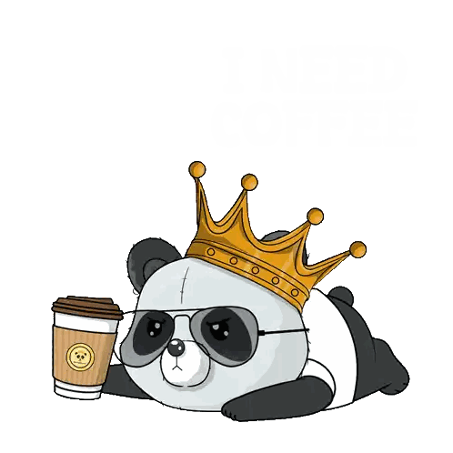 A Panda Bear Wearing A Crown And Sunglasses Holds A Coffee Cup Sticker