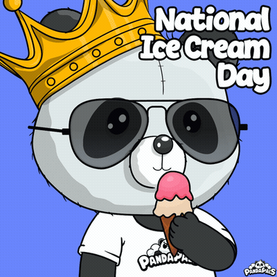 a panda bear wearing a crown and sunglasses is eating an ice cream cone