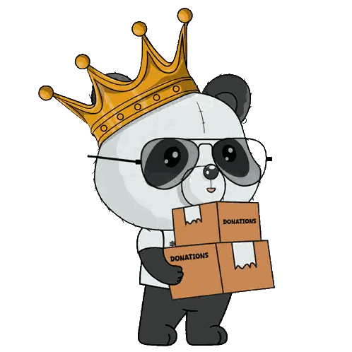 A Panda Bear Wearing A Crown And Sunglasses Is Holding A Box Of Donations Sticker