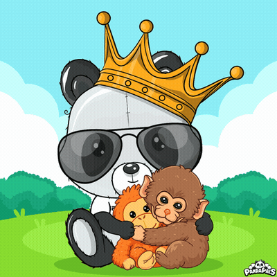 A Panda Bear Wearing A Crown And Sunglasses Is Hugging Two Stuffed Monkeys GIF