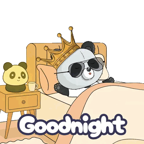 A Panda Bear Wearing A Crown And Sunglasses Is Laying In Bed With The Words Goodnight Written Below It Sticker