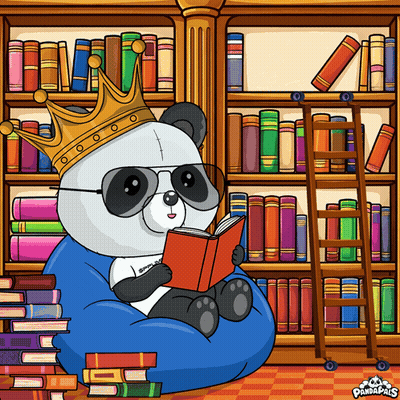 A Panda Bear Wearing A Crown And Sunglasses Is Reading A Book GIF