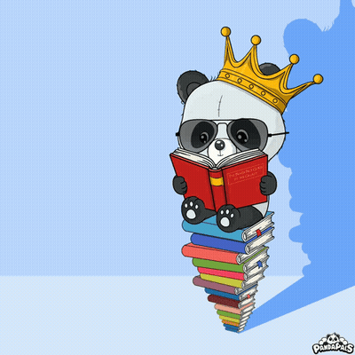 A Panda Bear Wearing A Crown Is Reading A Book Called The Adventures Of A Panda GIF
