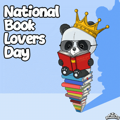 A Panda Bear Wearing A Crown Is Sitting On A Pile Of Books For National Book Lovers Day GIF