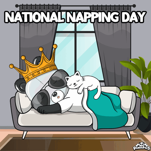A Panda Bear Wearing A Crown Is Sleeping On A Couch GIF
