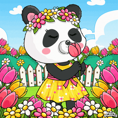 A Panda Bear Wearing A Flower Crown And A Yellow Dress GIF