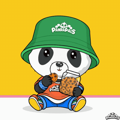 A Panda Bear Wearing A Green Hat And A Pandapals Shirt Eating Cookies GIF