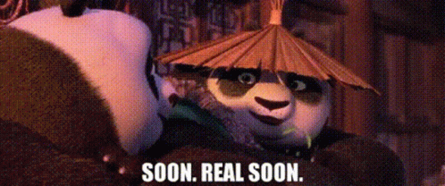 A Panda Bear Wearing A Hat And An Umbrella With The Words `` Soon , Real Soon '' Written On It . GIF