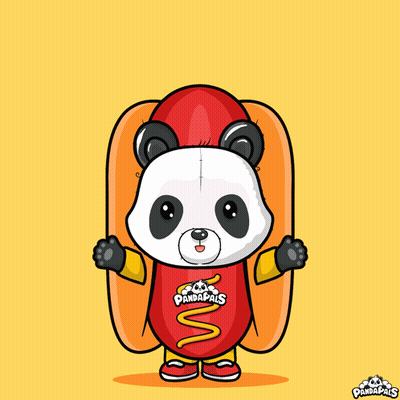 A Panda Bear Wearing A Hot Dog Costume With Pandapaws Written On The Shirt GIF