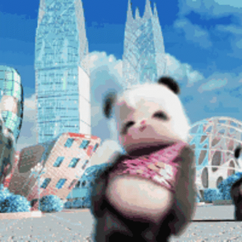 A Panda Bear Wearing A Pink Scarf Is Standing In Front Of A City Skyline GIF