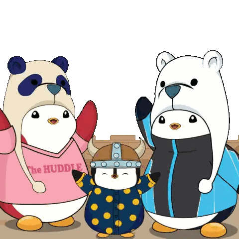 A Panda Bear Wearing A Pink Shirt That Says The Huddle Stands Next To A Polar Bear And A Penguin Sticker
