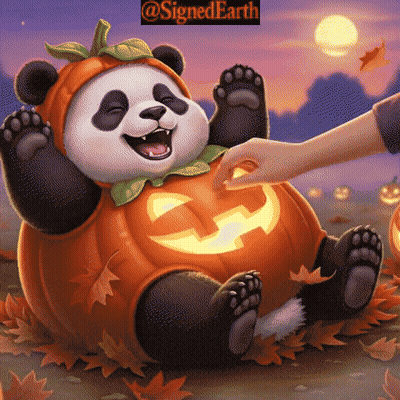 A Panda Bear Wearing A Pumpkin Costume Is Being Touched By Someone GIF