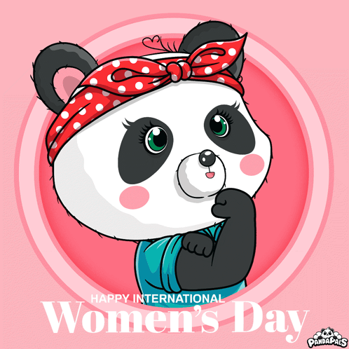 A Panda Bear Wearing A Red Polka Dot Headband And A Blue Shirt Says " Happy International Women 'S Day " GIF