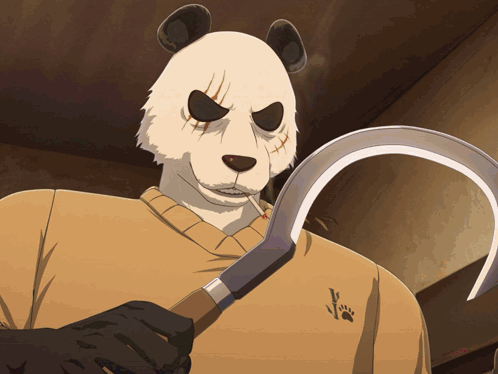A Panda Bear Wearing A Sweater Holds A Sickle In His Hand GIF