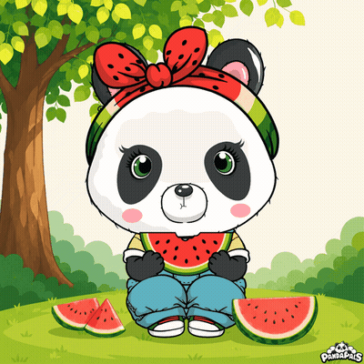 A Panda Bear Wearing A Watermelon Headband Is Eating Watermelon Slices GIF