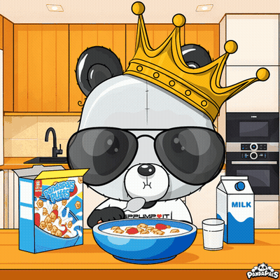 A Panda Bear Wearing Sunglasses And A Crown Eating Cereal GIF