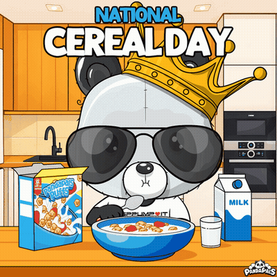 A Panda Bear Wearing Sunglasses And A Crown Is Eating Cereal GIF