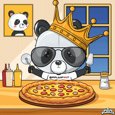 A Panda Bear Wearing Sunglasses And A Crown Is Holding A Spatula And Pizza Cutter GIF