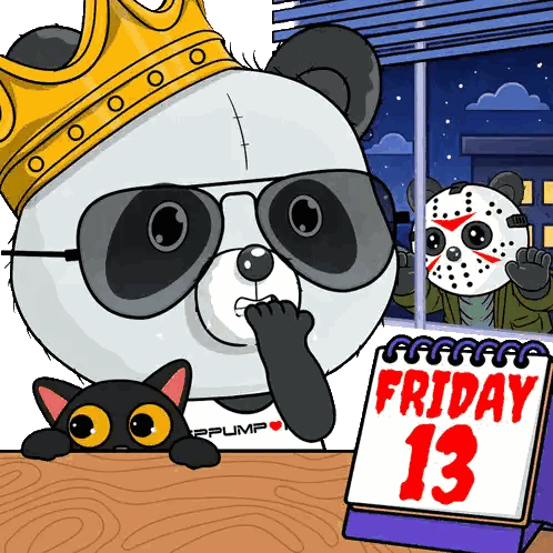 A Panda Bear Wearing Sunglasses And A Crown Is Looking Out A Window At A Friday 13 Sign Sticker