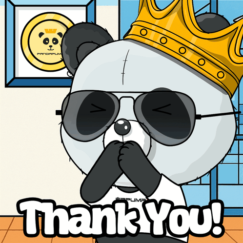 A Panda Bear Wearing Sunglasses And A Crown Says " Thank You " GIF