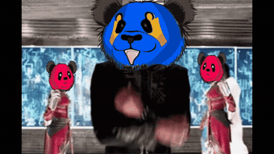 A Panda Bear With A Blue Head Is Standing In Front Of Two Red Bears GIF