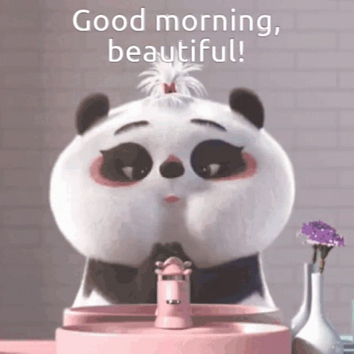 A Panda Bear With A Feather In Its Hair Says Good Morning GIF