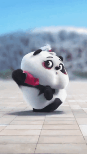A Panda Bear With A Red Scarf Around Its Neck Is Walking On A Sidewalk . GIF