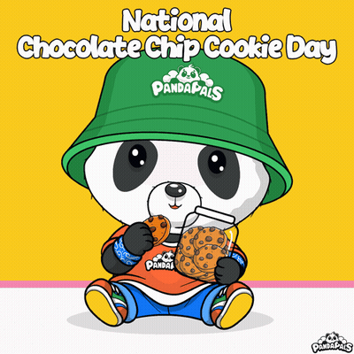 A Panda Wearing A Green Hat And Holding A Jar Of Chocolate Chip Cookies For National Chocolate Chip Cookie Day GIF