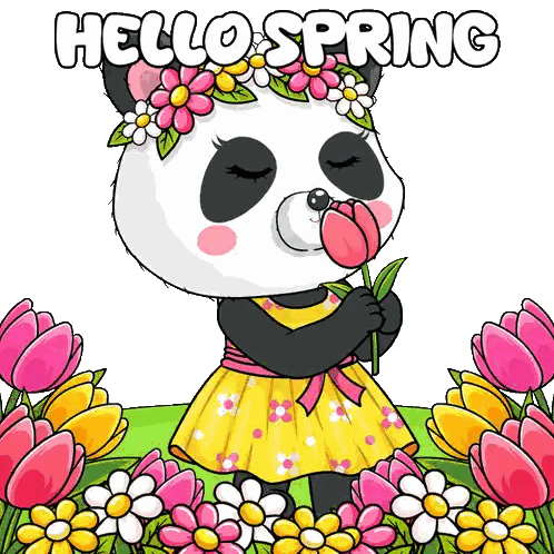 A Panda Wearing A Yellow Dress And A Flower Crown Is Holding A Flower In Her Mouth And Says Hello Spring Sticker