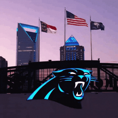 A Panthers Logo Is Lit Up In Front Of A Cityscape GIF