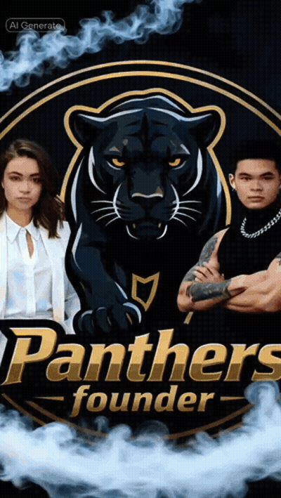 A Panthers Logo With A Man And A Woman In Front Of It GIF